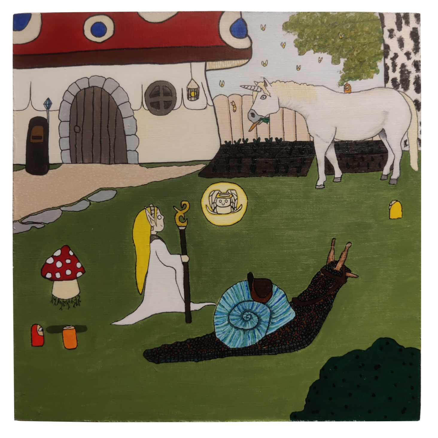 ''Haltijataulu'', sekatekniikka (akryyli, tussi), Gessotulle vanerilevylle, 25cm x 25cm. Valmistusvuosi 2023.