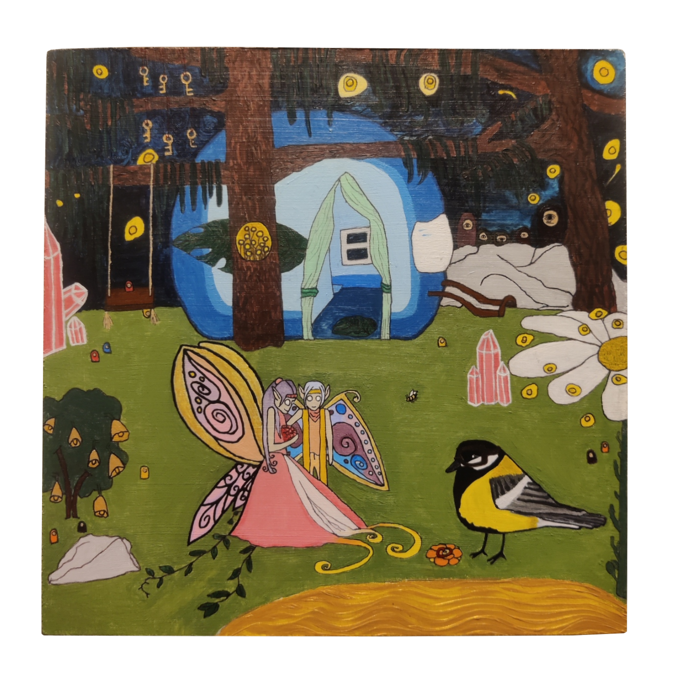 ''Keijutaulu'', sekatekniikka (akryyli, tussi), Gessotulle vanerilevylle, 25cm x 25cm. Valmistusvuosi 2023.