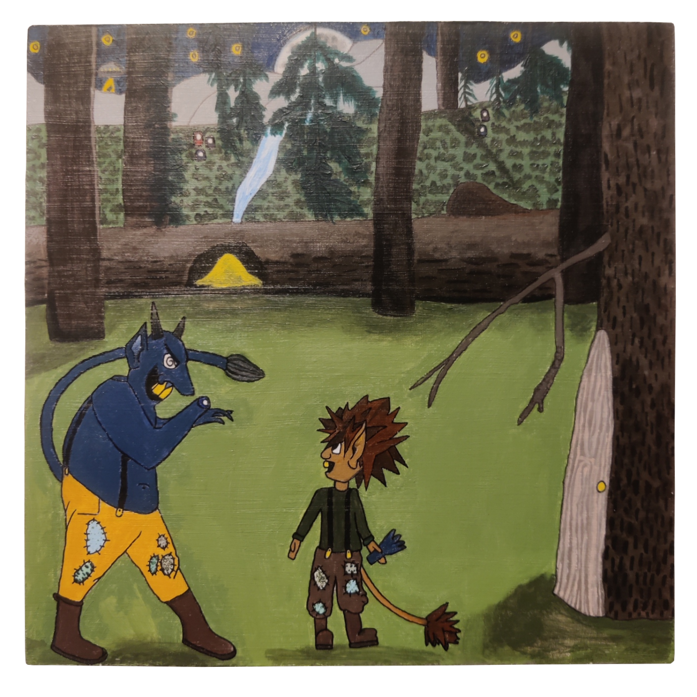 ''Peikkotaulu'', sekatekniikka (akryyli, tussi), Gessotulle vanerilevylle, 25cm x 25cm. Valmistusvuosi 2023.