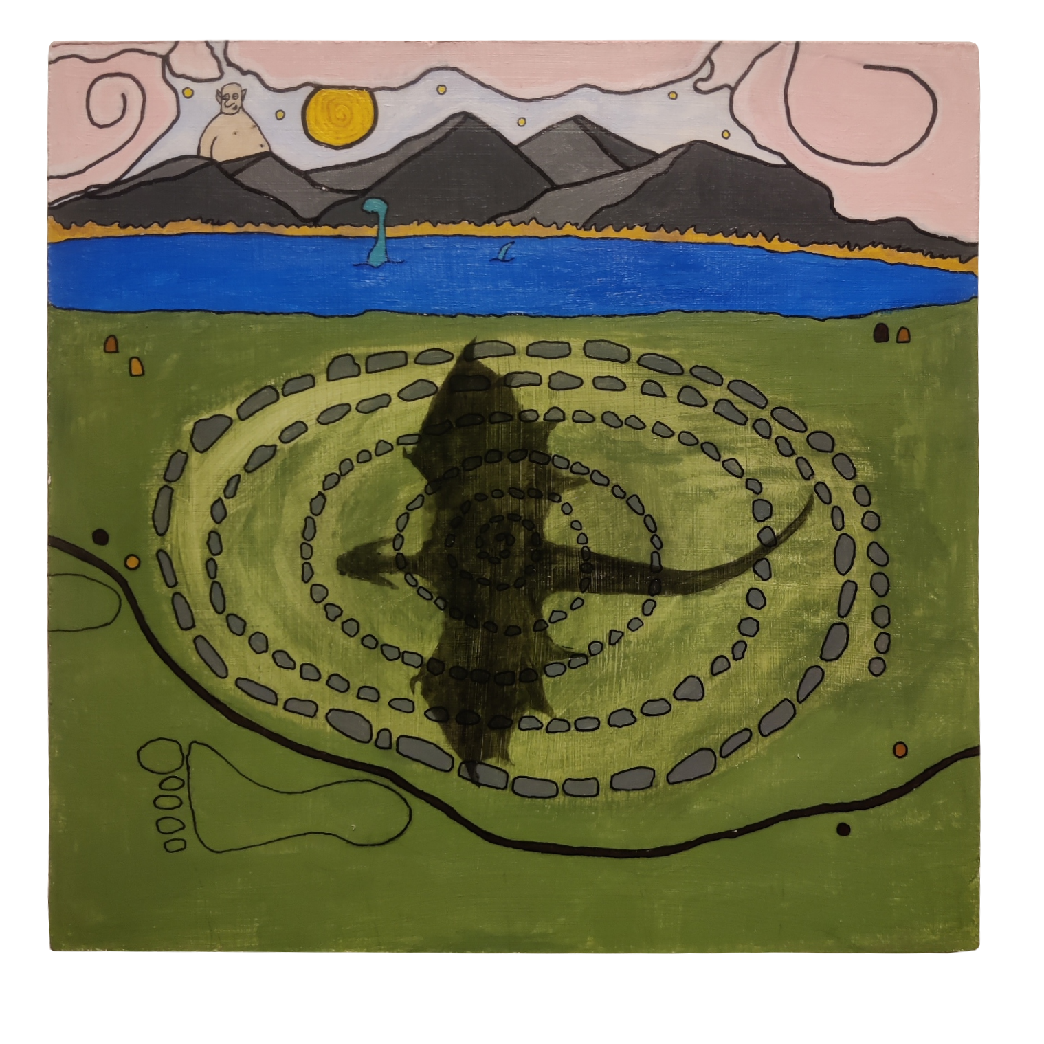 ''Jatulitaulu'', sekatekniikka (akryyli, tussi), Gessotulle vanerilevylle, 25cm x 25cm. Valmistusvuosi 2023.