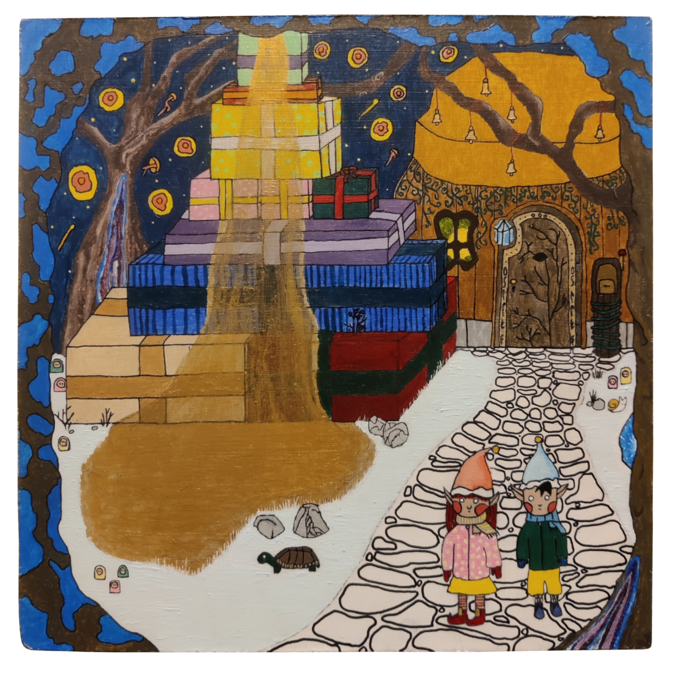 ''Tonttutaulu'', sekatekniikka (akryyli, tussi), Gessotulle vanerilevylle, 25cm x 25cm. Valmistusvuosi 2023.